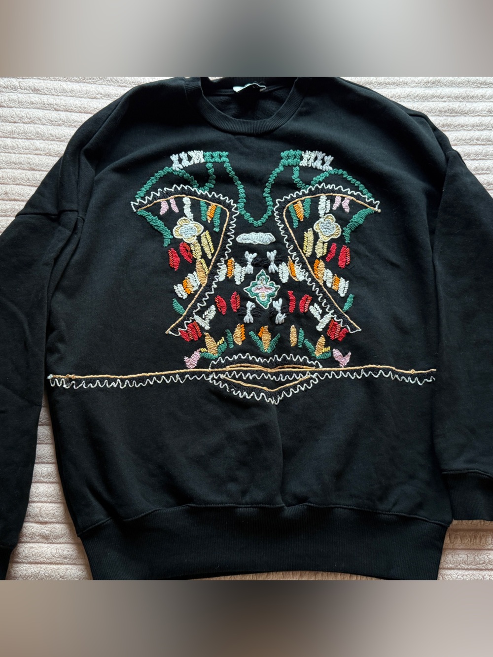 Zara Black Crewneck Sweater with Multicolor Embroidery